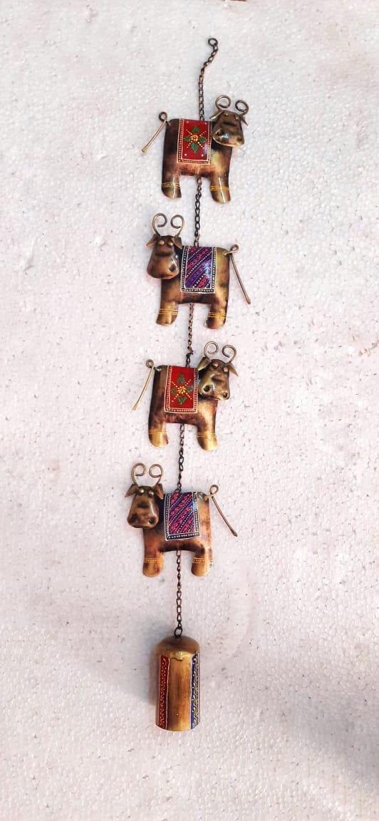 Rustic Charm: Handcrafted Wooden 4 Cow Bell Wind Chimes Wall Decor