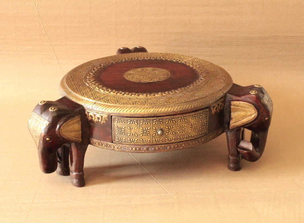 Handcrafted Wooden Elephant Chowki with Brass Fittings - Antique Finish