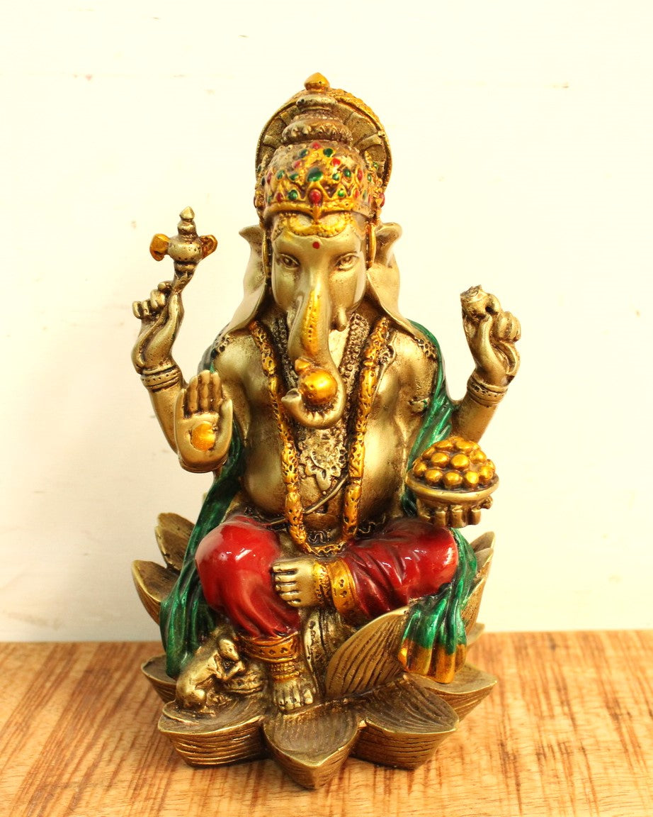 Handcrafted Poly Resin Kamal Ganesh Sitting Multi Color Sculpture