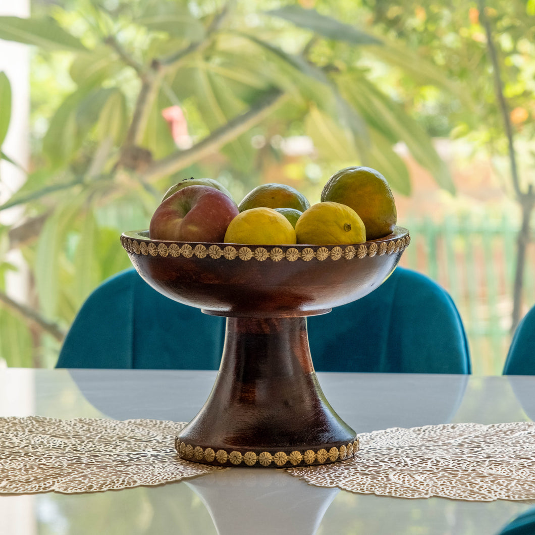 Artisan-Crafted Wooden Fruit Bowl with Brass Fittings - Handmade Elegance