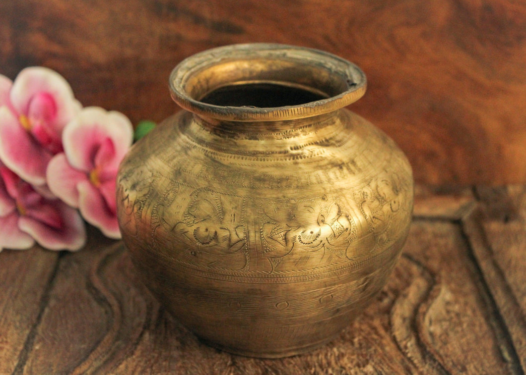 Beautiful Vintage Brass Carved Water Pot - Style It by Hanika