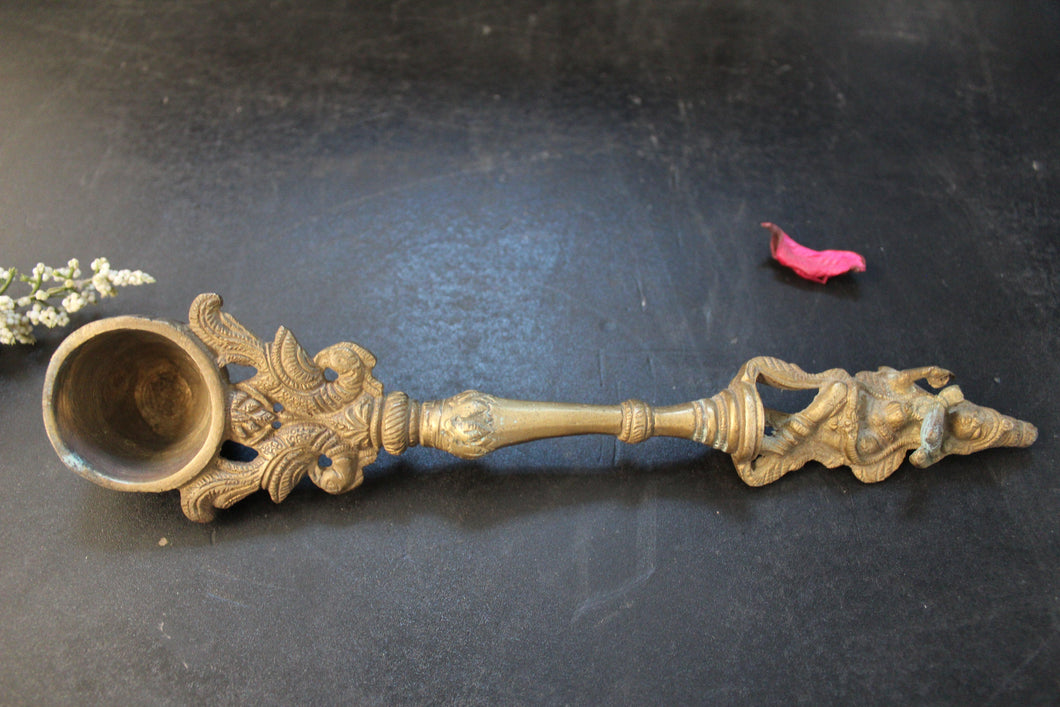 Beautiful Vintage Brass Krishna Finial Temple Spoon (Size-9.5