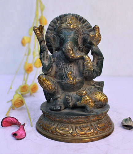 Lord Brass Ganesh ji with Mushak Statue God Idol Size 10.5 x 10.5 x 14.5 cm - Style It by Hanika