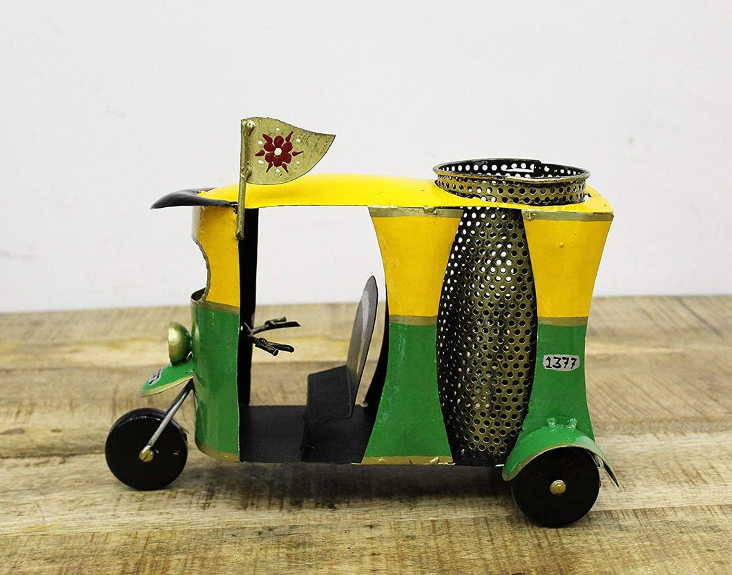 Metal Handcrafted Auto Rickshaw Pen Stand - Painted Size 26.7 x 15.2 x 21.6 cm - Style It by Hanika