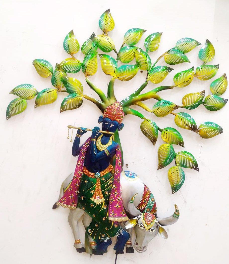 Metal Krishna Cow Tree Wall Decor with LED Backlight - Style It by Hanika