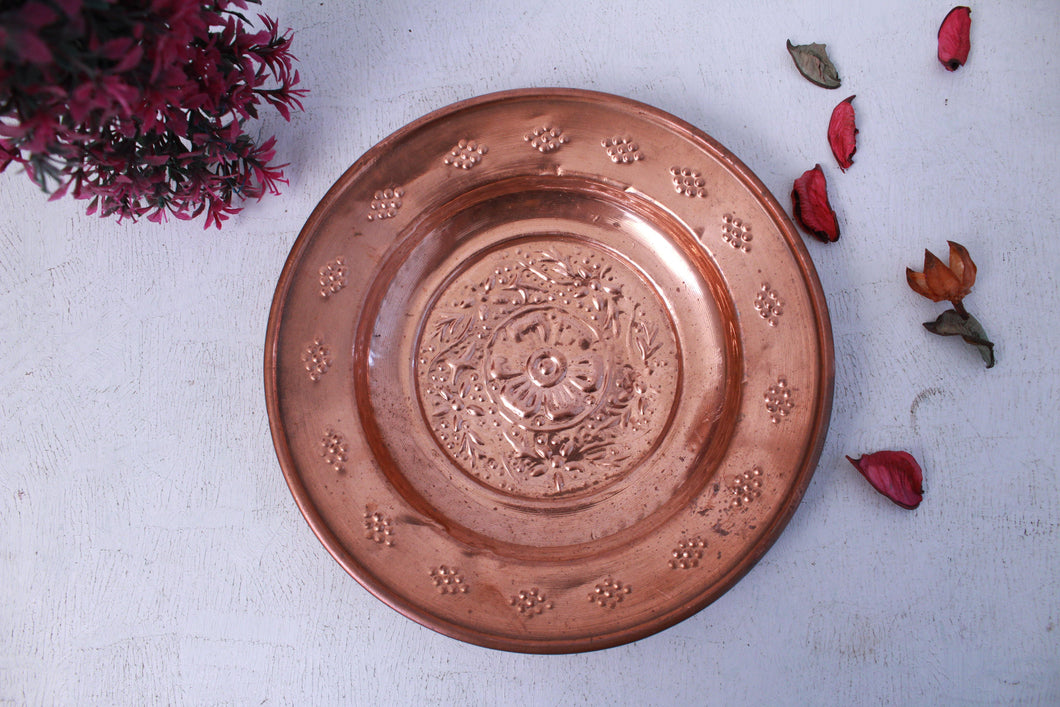 Vintage Carved Copper Plate: Handmade by Folk Artisans (Size-7.5