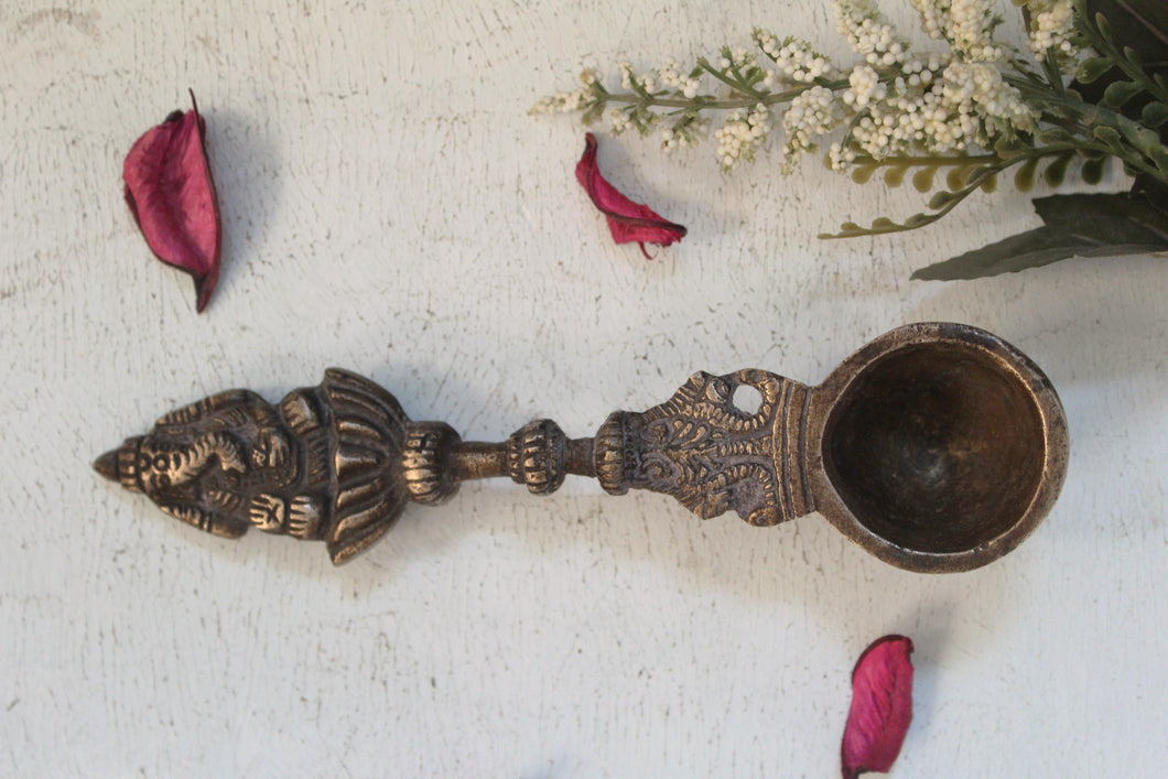 Vintage Pooja Spoon: Ganesha Finial Handcrafted with Brass (Size-7